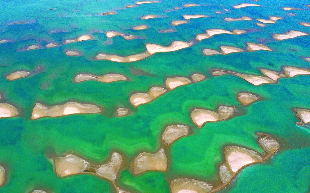 這是青海湖鳥島濕地一景（2020年7月10日攝，無人機照片）。 新華社記者 張宏祥 攝